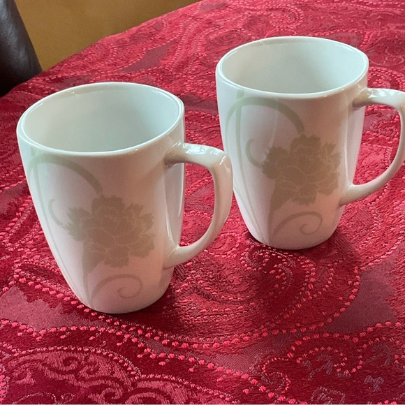CORELLE Coordinates Porcelain Mugs (2) Green Flowers Swirls Squarish White - Picture 2 of 7